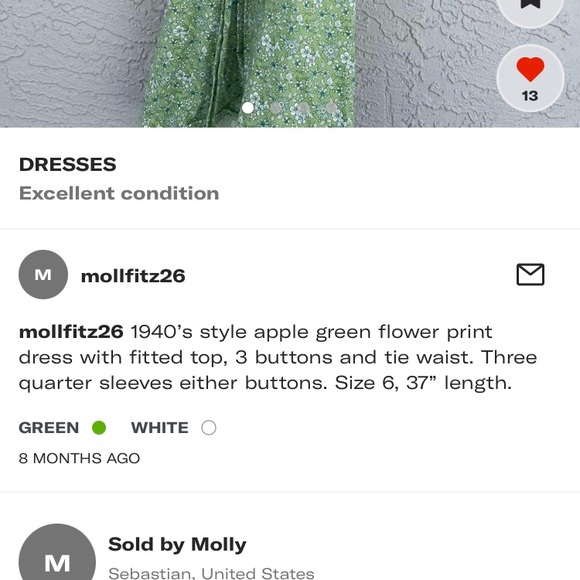 VTG green cotton shirtdress Midi prairie dress button up floral print Size 6 - Picture 6 of 6